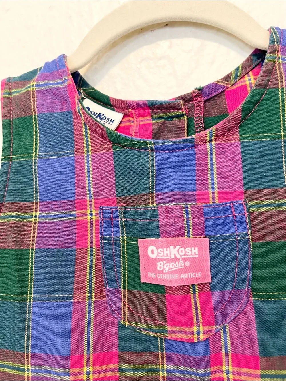 Vintage OshKosh B’gosh Girls Plaid Jumper Dress 6 USA Pink Blue